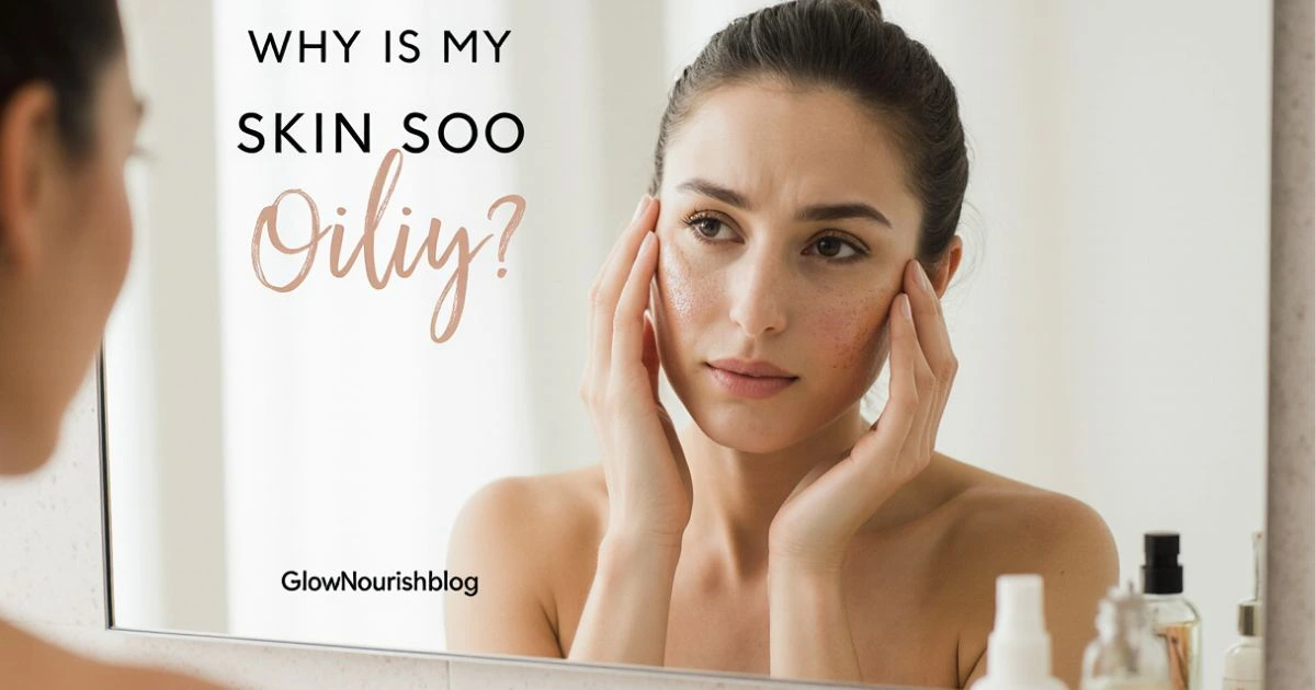 A young woman looking in the mirror with a shiny forehead, touching her face with concern, representing the question why is my skin so oily