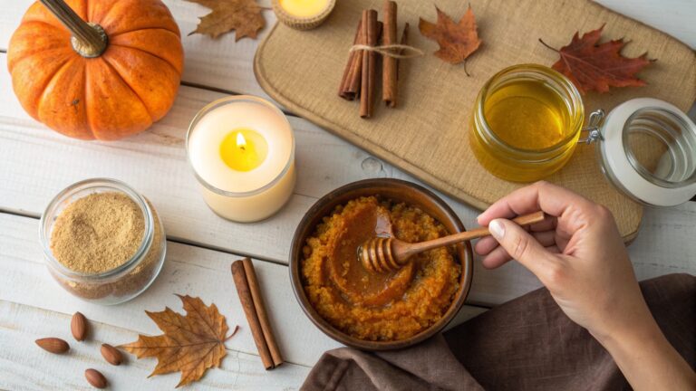 Fall-Inspired DIY nail scrubs made with pumpkin, brown sugar, and cinnamon to nourish and strengthen nails in autumn