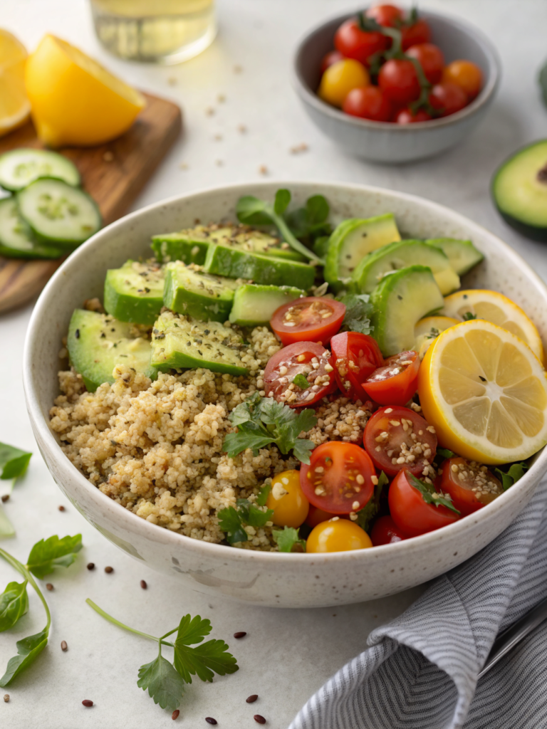 This gut healthy quinoa salad with beans is a high-fiber, easy recipe that supports digestion. Perfect for a quick, nutritious and healthy meal.