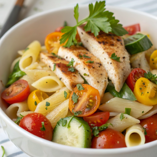 high protein italian pasta salad in a bowl with vegetables
