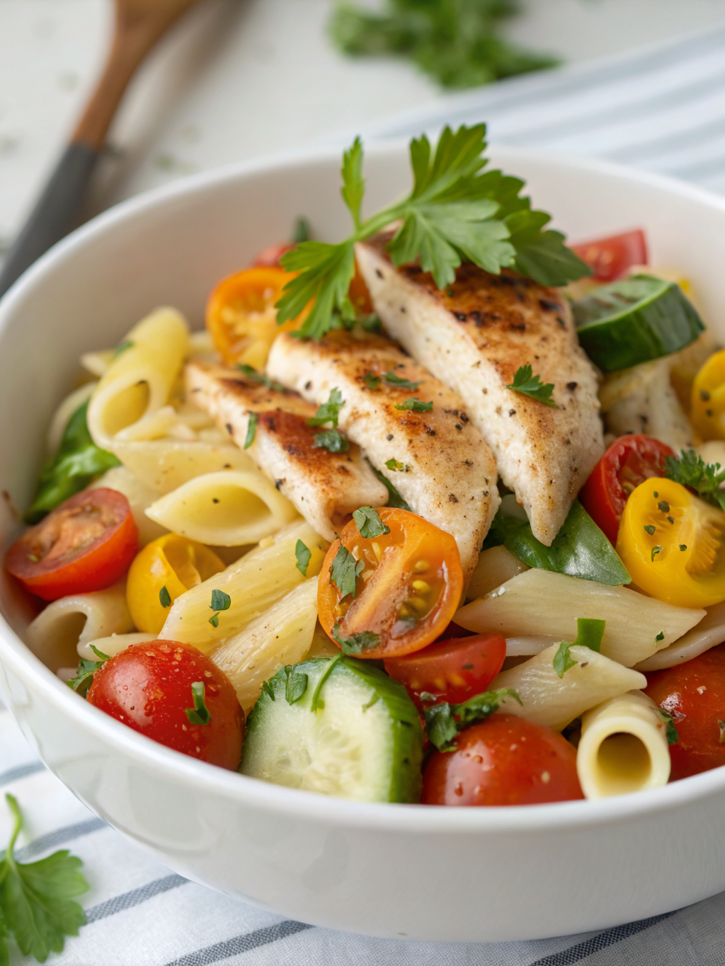 high protein italian pasta salad in a bowl with vegetables