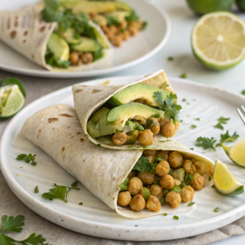 Avocado chickpea wrap healthy anti inflammatory lunch on a wooden plate