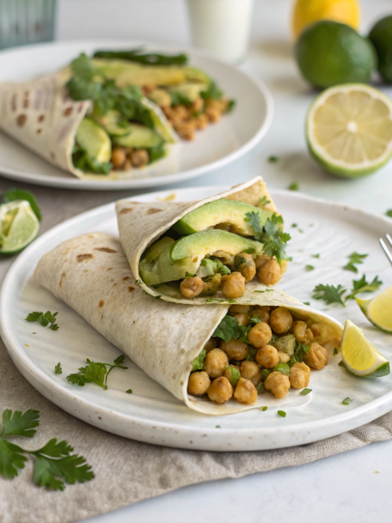 Avocado chickpea wrap healthy anti inflammatory lunch on a wooden plate